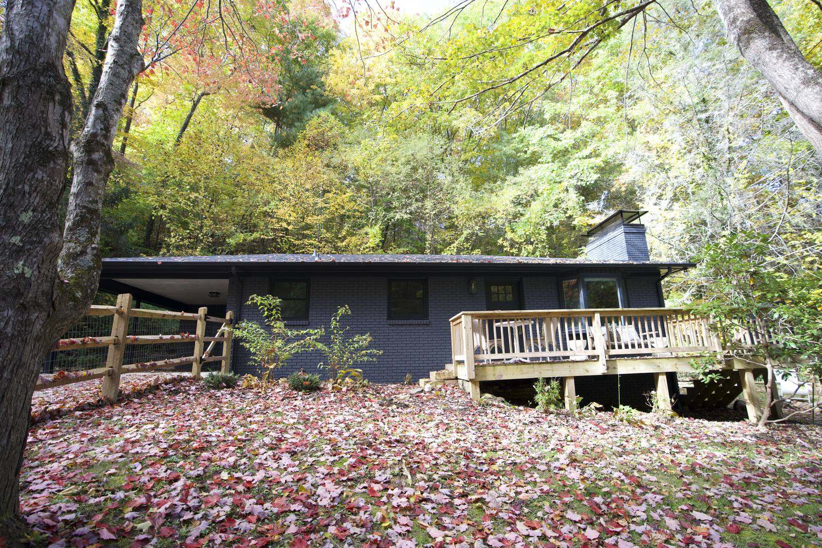 The exterior of Blue Ridge Bungalo, surrounded by trees.